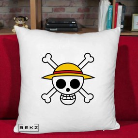 Perna Personalizata One Piece Jolly Roger Straw Hat Pirates, 40x40 cm, Alb Pufos, Husa Detasabila, Perna Inclusa, BEKZ®