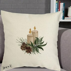 Perna Decorativa Lumanari cu Ilex si Conuri Ilustratie, 40x40 cm, Ecru, Husa Detasabila, Perna Inclusa, BEKZ®