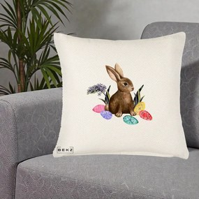 Perna Decorativa Iepuras cu Oua de Pasti Acuarela, 40x40 cm, Crem Reliefat, Husa Detasabila, Perna Inclusa, BEKZ®
