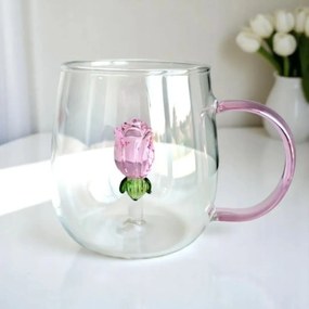 Cană cu lalea de sticlă în interior, pereți dubli, sticlă borosilicată, 400 ml, SZK129