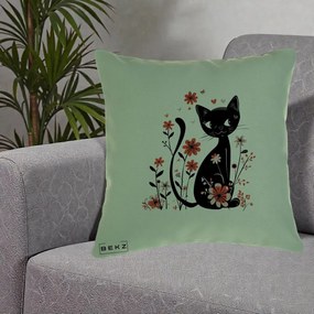Perna Decorativa Pisica Neagra Flori Roz si Inimi, 40x40 cm, Verde, Husa Detasabila, Perna Inclusa, BEKZ®