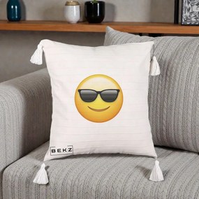 Perna Decorativa Emoji Cool Ochelari, 40x40 cm, Bej cu Franjuri, Husa Detasabila, Perna Inclusa, BEKZ®