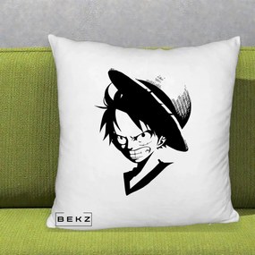 Perna Personalizata One Piece Luffy Silueta Alb-Negru, 40x40 cm, Alb Pufos, Husa Detasabila, Perna Inclusa, BEKZ®