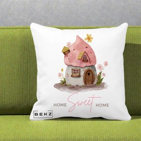 Perna Decorativa Home Sweet Home Casuta, 40x40 cm, Alba Mata, Husa Detasabila, Perna Inclusa, BEKZ®