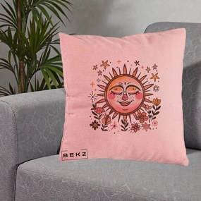 Perna Decorativa Soare Retro Boho Floral, 40x40 cm, Roz, Husa Detasabila, Perna Inclusa, BEKZ®