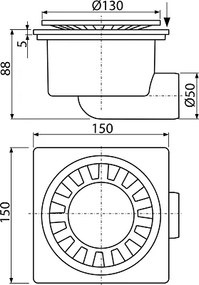 Sifon pardoseala 150Ã 150 50 mm iesire laterala, gratar de plastic alb, sistem de retinere a mirosurilor umed APV15