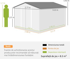 Outsunny Magazie de Grădină 8.3m² din Oțel Zincat, Uși Duble Glisante, 277x322x192 cm, Maro | Aosom Romania