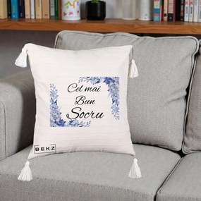 Cadou pentru Socru - Perna Personalizata Cel mai Bun Socru cu Flori Albastre Acuarela, 40x40 cm, Bej cu Franjuri, Husa Detasabila, Perna Inclusa, BEKZ®