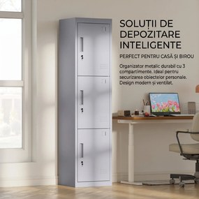 HOMCOM Dulap de birou din oțel cu 3 uși independente cu încuietoare și 2 chei, 45x38x180 cm, gri deschis | Aosom Romania
