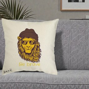 Perna Decorativa Leu Hipster Be Brave, 40x40 cm, Ecru, Husa Detasabila, Perna Inclusa, BEKZ®