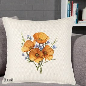 Perna Decorativa Maci Portocalii cu Floricele Albastre, 40x40 cm, Crem Reliefat, Husa Detasabila, Perna Inclusa, BEKZ®