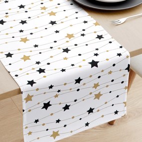 Goldea napron de masă 100% bumbac - steluțe aurii și negre pe alb 35x180 cm
