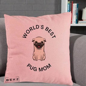 Cadou pentru Iubitorii de Caini - Perna Personalizata World's Best Pug Mom, 40x40 cm, Roz, Husa Detasabila, Perna Inclusa, BEKZ®