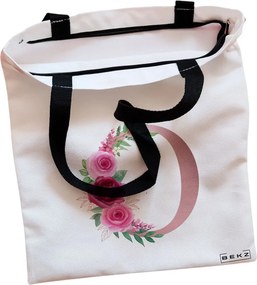 Sacosa de Panza pentru Cumparaturi, Geanta Tote, Cu litera O Rose Gold si Trandafiri, Cu fermoar, 38x34.5 cm, Alba, BEKZ®