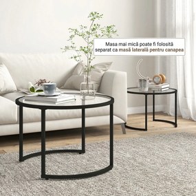 HOMCOM Set de 2 Mese de Cafea Suprapozabile din Sticlă și Oțel, Ø70x47.5 cm și Ø54x42.5 cm, Negru | Aosom Romania
