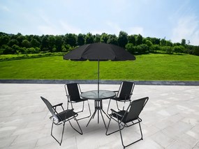 Set de mobilier de terasă, masă, 4 scaune pliabile și umbrelă de soare