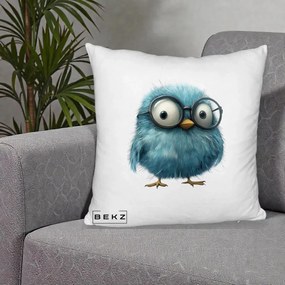 Perna Decorativa Pui Pufos Teal cu Ochelari, 40x40 cm, Alb Pufos, Husa Detasabila, Perna Inclusa, BEKZ®