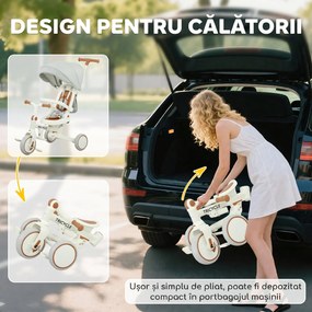 AIYAPLAY Triciclu pentru Copii 5 în 1 cu Spătar Reglabil, Triciclu pentru Copii cu Mâner de Împingere, Spătar Reglabil, Crem Alb | Aosom Romania