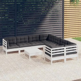 3096978 vidaXL Set mobilier de grădină cu perne, 9 piese, alb, lemn de pin