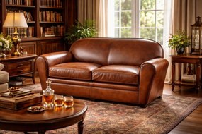 Canapea 2 locuri din piele naturala, maro, aspect vintage, Club, 150 x 90 x 80 cm