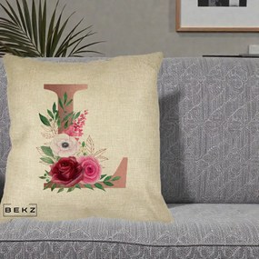 Cadou Personalizat - Perna Personalizata Monograma Rose Gold Litera L, 40x40 cm, Crem, Husa Detasabila, Perna Inclusa, BEKZ®
