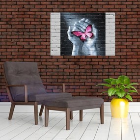 Tablou - Fluture roz în perete (90x60 cm)