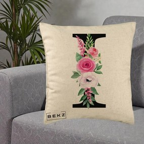 Cadou Personalizat - Perna Personalizata Monograma Florala Litera I, 40x40 cm, Bej, Husa Detasabila, Perna Inclusa, BEKZ®