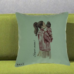 Cadou pentru Mama - Perna Personalizata Super Mom Jachete Roz, 40x40 cm, Verde, Husa Detasabila, Perna Inclusa, BEKZ®