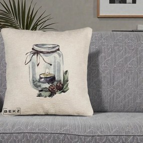 Perna Decorativa Felinar cu Lumanare si Conuri, 40x40 cm, Bej Canapea, Husa Detasabila, Perna Inclusa, BEKZ®