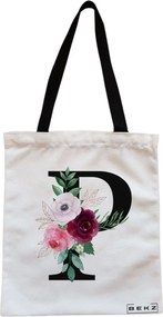 Sacosa de Panza pentru Cumparaturi, Geanta Tote, Cu litera P si Trandafiri, Cu fermoar, 38x34.5 cm, Alba, BEKZ®