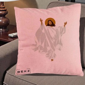 Perna Decorativa Iisus Hristos Invierea Silueta Minimalista, 40x40 cm, Roz, Husa Detasabila, Perna Inclusa, BEKZ®