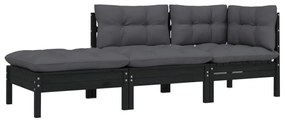 806668 vidaXL Set mobilier grădină cu perne, 3 piese, negru, lemn masiv pin