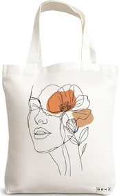 Sacosa de Panza pentru Cumparaturi, Geanta Tote, Flower Lady 4, 38x34.5 cm, Alba, BEKZ®