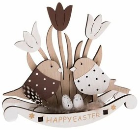 Decorațiune de primăvară din lemn cu păsări Happy Easter, 15 x 14 x 4,5 cm