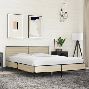 vidaXL Cadru de pat, stejar sonoma, 150x200cm, lemn prelucrat și metal