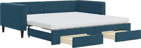vidaXL Pat de zi cu extensie și sertare, albastru, 100x200 cm, catifea