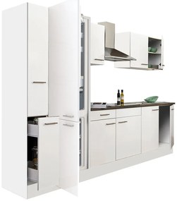 Mobilă de bucătărie Yorki 300, corp alb, față alb satinat, frigider cu congelator jos