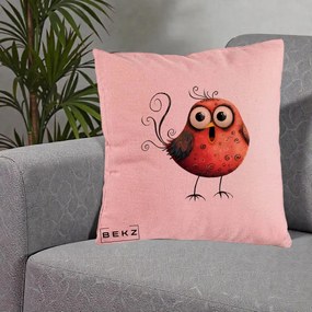 Perna Decorativa Pasare Rosie Exuberanta cu Spirale, 40x40 cm, Roz, Husa Detasabila, Perna Inclusa, BEKZ®
