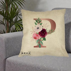 Cadou Personalizat - Perna Personalizata Monograma Rose Gold Litera P, 40x40 cm, Crem, Husa Detasabila, Perna Inclusa, BEKZ®