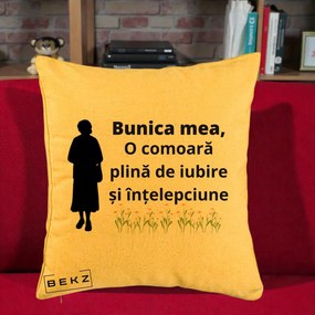 Cadou pentru Bunica - Perna Personalizata Bunica Mea Comoara Iubire Intelepciune Silueta cu Nepoata, 40x40 cm, Galben, Husa Detasabila, Perna Inclusa, BEKZ®