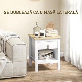 HOMCOM Set 2 Noptiere cu Sertar și Raft Deschis din Lemn Alb și Stejar | Aosom Romania