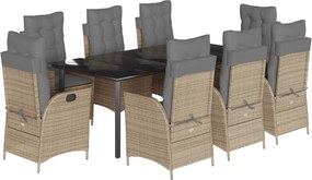 vidaXL Set de masă pentru grădină, 9 piese, cu perne, bej, poliratan
