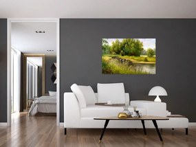 Tablou - Râu lângă pădure, pictură în ulei (90x60 cm)