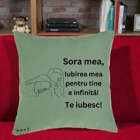 Cadou pentru Sora - Perna Personalizata Sora Mea Te Iubesc Line Art Portrete Fata in Fata, 40x40 cm, Verde, Husa Detasabila, Perna Inclusa, BEKZ®