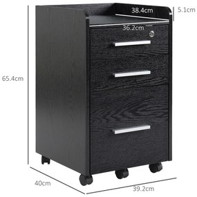 HOMCOM Dulap Portadocumente din Lemn cu 3 Sertare cu Chei de Securitate și 5 Roți, 39.2x40x65.4 cm, Negru | Aosom Romania