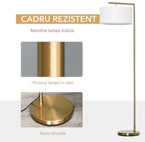 Lampa de podea moderna HOMCOM din metal si cu abajur din material textil, lampa de lectura E27 dimensiune 47x37x153 cm, culoare auriu si alb