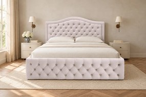 Pat tapițat Chesterfield din catifea Solaria Deluxe Cristal 140×200 cm, crem, cu ladă de depozitare