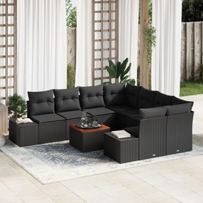 vidaXL Set Canapele de Grădină 9 Piese, cu Perne, Ratan Poliester Negru, Acacia