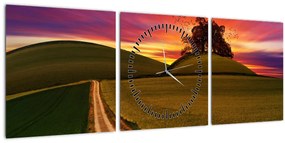 Tablou câmpului cu apus de soare (cu ceas) (90x30 cm)