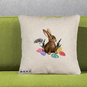 Perna Decorativa Iepuras cu Oua de Pasti Acuarela, 40x40 cm, Bej Canapea, Husa Detasabila, Perna Inclusa, BEKZ®